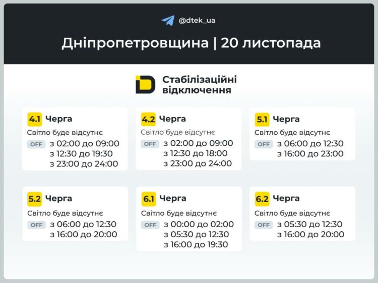 Відключення світла у Дніпрі 20 листопада. Графік ДТЕК